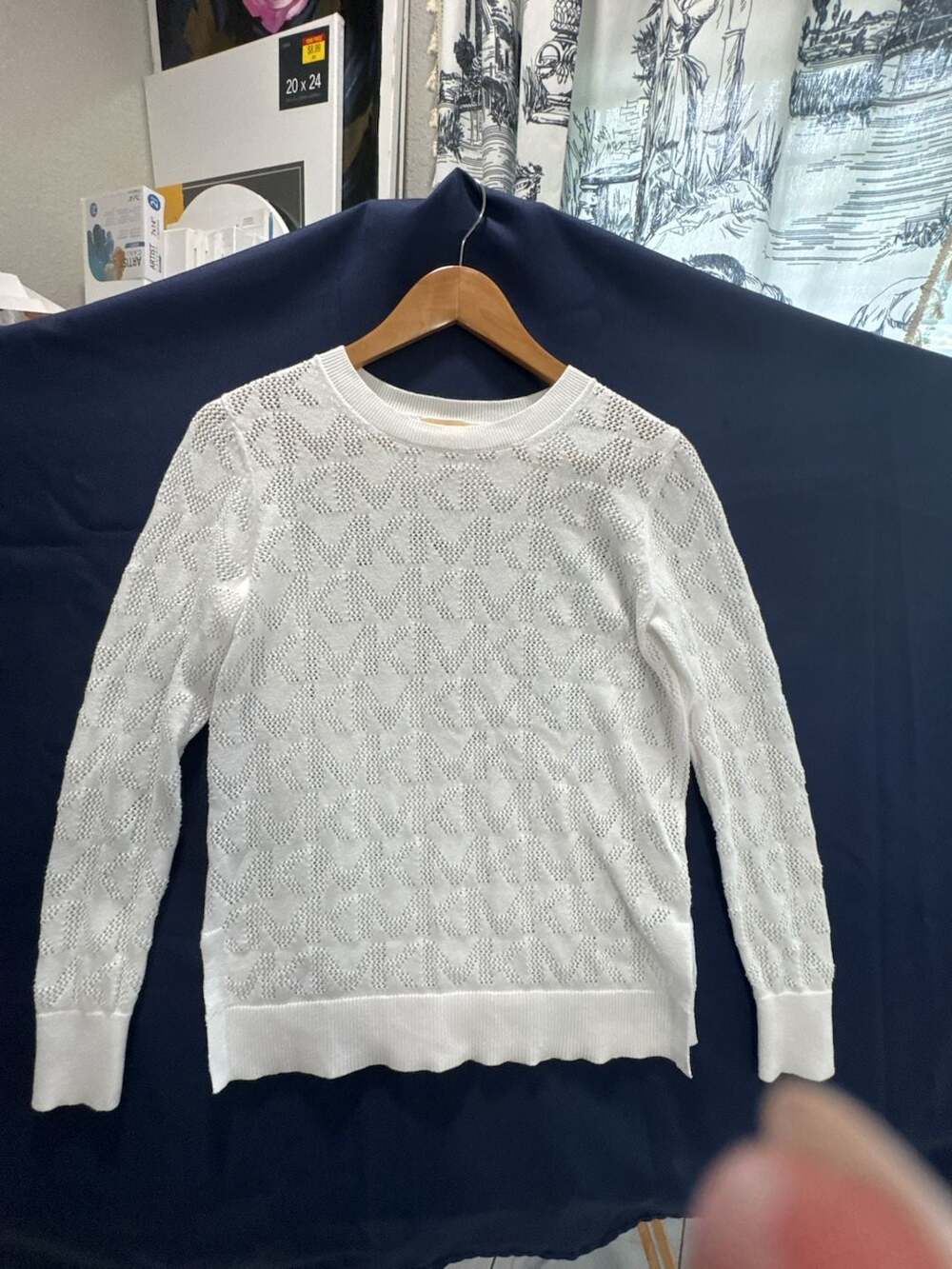Michael Kors Women's White Monogram Open-Knit Crewneck Pullover Sweater